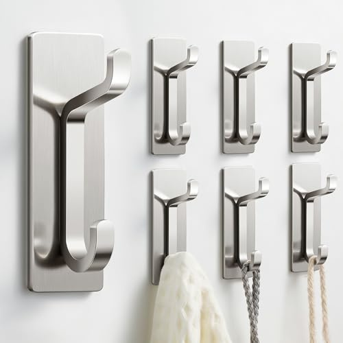 pickpiff Ganchos Adhesivos para Pared, Resistentes 6kg, Sin Taladrar, Impermeable, Colgadores para Baño Cocina Abrigos, Perchas Adhesivas de Acero Inoxidable, Plata, 6 Piezas