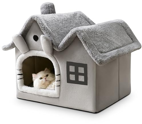 ALLSOPETS Cuccia Cane Interno Esterno Casetta per Gatti Letto Grotta Pieghevole con Cuscino Rimovibile, Igloo Caldo Lavabile per Gatti Cuccioli Piccoli Cani (Gatto Grigio, M)