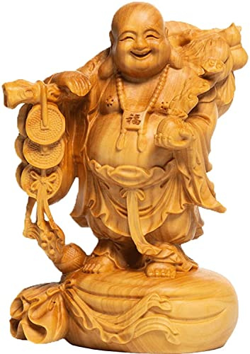 BDAAS Buddha-Figur 10 cm lachende Maitreya kleine Figuren Holzstatue Ornamente Buchsbaum geschnitzter Griff lachende Buddha-Statuen Heimdekoration