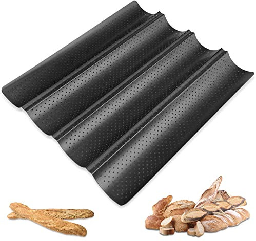 Firschoie Bandeja para Baguette, bandeja de pan, molde para baguette de 4 rejillas, Sartén para baguettes de acero al carbono, Molde para pan francés perforado antiadherente 38cm × 32.5cm (negro)
