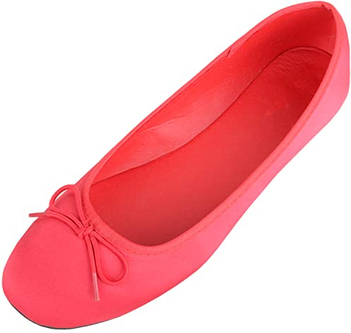 ABSOLUTE FOOTWEAR Womens Easy Slip On Satin Look Bow Ballerina Pumps Shoes - Red - UK 6