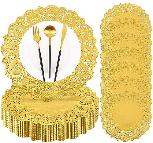 MCEAST 144 Stück 35,6 cm runde Spitzen-Gold-Papierdeckchen, Einweg-Folien-Spitzen-Platzsets für Kuchen, Basteln, Party, Hochzeiten, Geschirr, Dekoration