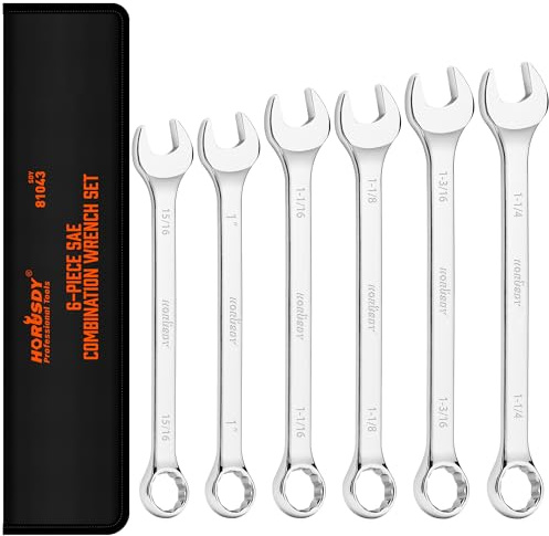 HORUSDY Large Wrench Set with Rolling Pouch | SAE | 6-Piece | 15/16″, 1″, 1-1/16″, 1-1/8″, 1-3/16″, 1-1/4″ | 12 Point | Chrome Vanadium Steel