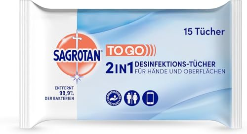 Sagrotan 2in1-Desinfektionstücher – Zum Desinfizieren von Händen und Oberflächen – 1 x 15 Feuchttücher in wiederverschließbarer Verpackung (Packung mit 5)