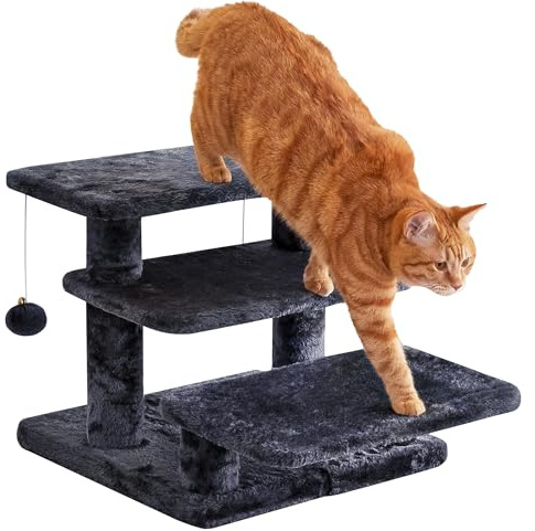 Furcato 15''H Multi-Step Pet Stairs for High Beds & Sofas, 3-Step Cat Stairs with 2 Toy Balls, Wide Boards for Indoor Kittens Dogs Pets Climbing, Smoky Grey