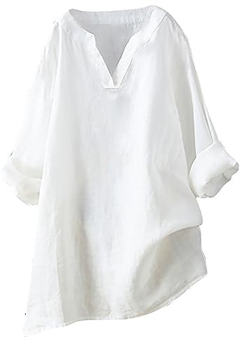 IQYU Lång blus damer stora storlekar linne – lång skjorta damer långärmad ledig v-ringad tunika långärmad sommarblus vintage blus elegant linneblus stora storlekar toppar ledig långärmad skjorta blus,