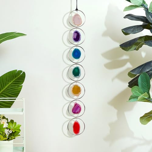 Natural Agate Slice 7 Colours Wall Decor Healing Crystal Gemstone Outdoor Indoor Window Round HangingHome Decoration Wall Hanging Decoration (Silver Color)