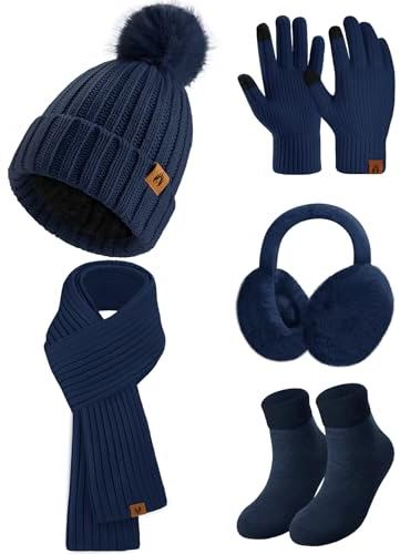 Xnova Hat and Scarf Set for Women Ladies 5Pcs, Winter Knitted Warm Beanie Hat Long Scarf Touch Screen Thermal Gloves Socks Plush Ear Warmers Sets Girls for Outdoors Ski with Gift Box, Navy Blue