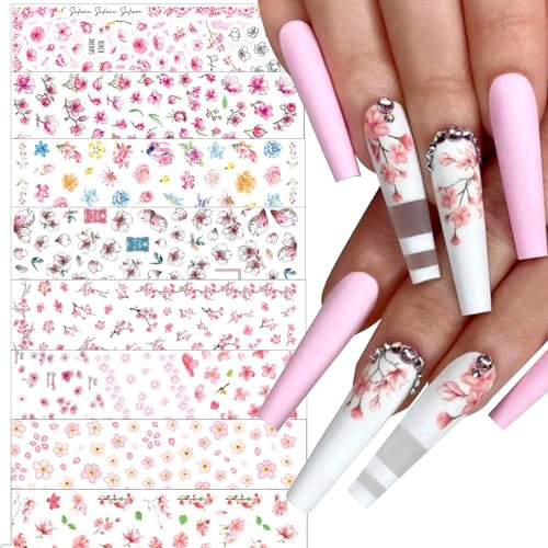 Aikeis 8 Retro-Nagelkunstaufkleber, Kirschblüten Nagelkunst, 3D-Design, Nagelkunstaufkleber, personalisierte Blumen-Nagelkunstaufkleber für Damen, DIY-Design