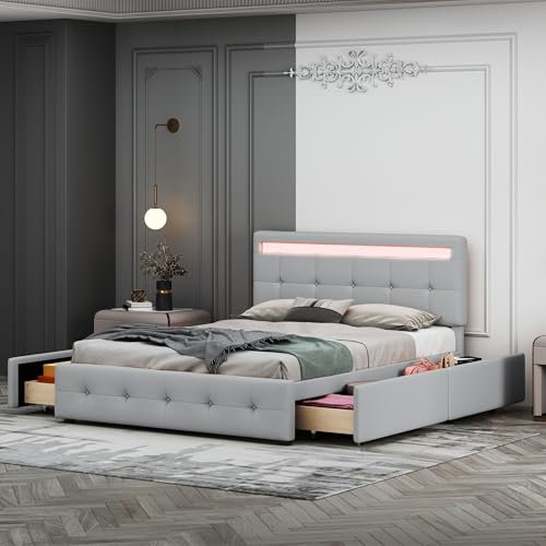 BXEYXE Polsterbett 140x 200cm mit LED,Lattenrost & Bettkasten auf Rollen,Einzelbett mit Kopfteil & 4 Schubladen,hautfreudliches Leinen-Oberfläche Kinderbett Jugendbett Gästebett,grau (ohne Matratze)