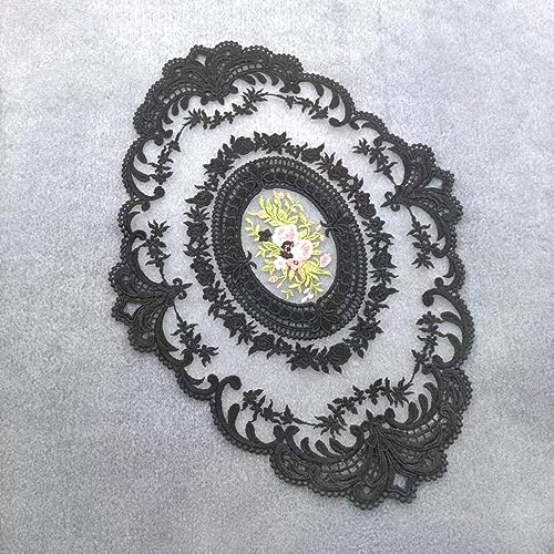 Anevous 2 Stück Spitze Oval Platzset, Vintage Dekorative Tischsets, 31x 42cm Spitzendeckchen Placemat, Spitze Blume Bestickte Tischmatte Abwaschbar für Küche Esszimmer Dekoration,Schwarz
