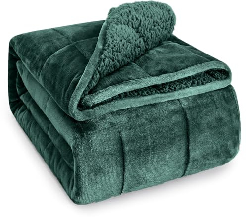 Wemore Sherpa-Fleece-Gewichtsdecke für Erwachsene, 6,8 kg, doppelseitig, gemütlich, flauschig, schwere Decke, ultraflauschig, Überwurfdecke mit weichem Plüsch-Flanell-Oberteil, 152,4 x 203,2 cm, Grün