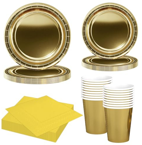 MORAINJAY Ensemble de Vaisselle de Fête Or 68 Pièces, Assiettes en Papier, Tasses, Serviettes, Vaisselle pour Anniversaire, Mariage, Baby Shower, Diplôme, Anniversaire, Fête de Vacances