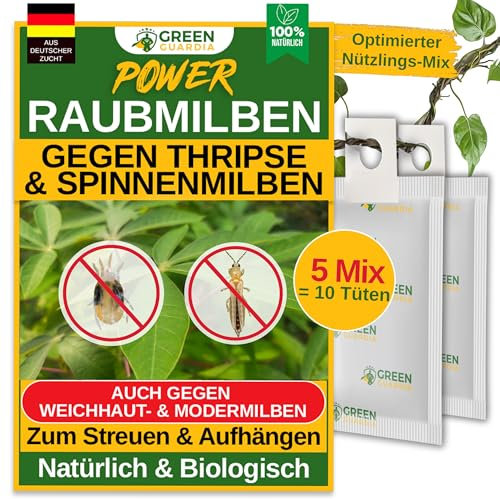 GREEN GUARDIA Power Raubmilben Mix gegen Thripse & Spinnmilben– 5 Mix mit 10 Tüten - Biologisches Mittel zur effektiven Thripse Bekämpfung–Umweltfreundlich, chemiefreie Mittel,einfache Anwendung