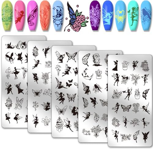 PH PandaHall 5 plantillas para Nail Art con ángel y hada, 120 modelos de elfo y mariposa, placa para estampado de uñas Nail Art Stencil para Nail Design Impresión Manicura Salón