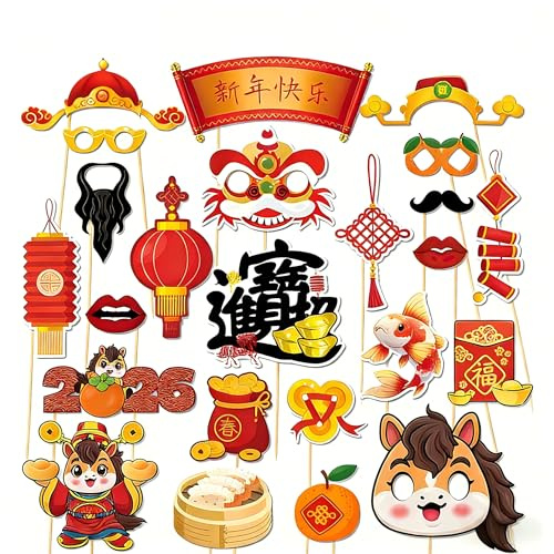 Chinese New Year Decorations 2026 Photo Booth Props Accessories - 25Pcs Red Gold Hong Bao Lucky Bag Golden Dollar God of Fortune Hat Glasses Party Photo Props for Chinese New Year Party Favor Supplies