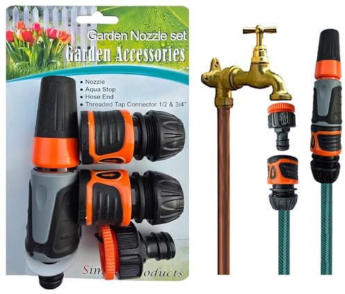 5pc Garden Hose Set with Quick Connect Spray Nozzle & Outdoor Watering Kit including AquaStop, Hose End and 1/2 tp 3/4 Threaded Connector.