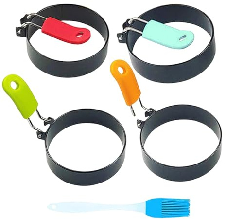 4 Pack Egg Rings,Stainless Steel Frying Ring Tool Non Stick Egg Frying Rings with Folding Handles and Oil Brush for Cooking Breakfast Sandwich Burger(COLOR:black)