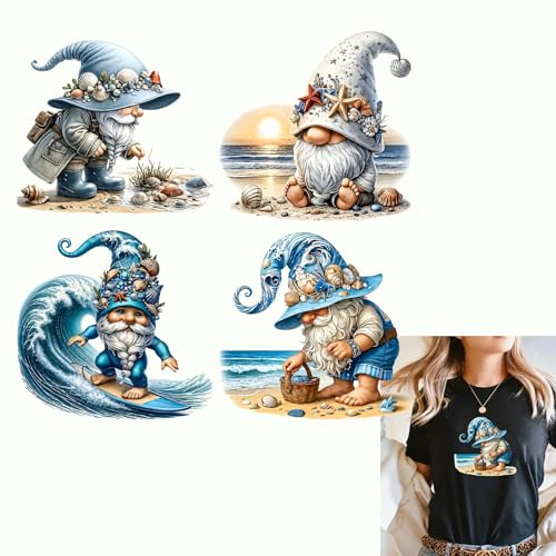 4pcs Merry Christmas Shell Surf Beach Gnome Iron On Transfers for T-Shirts Rub on Transfers Stickers Vinyl Ready to Press Stickers Iron on Decals for T-Shirts Clothing Hoodie DIY Crafts