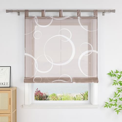 SCHOAL Raffrollo mit Schlaufen Voile Transparente Raffgardine Rollo mit Kreis 1 Stück BxH 140x150 cm Braun