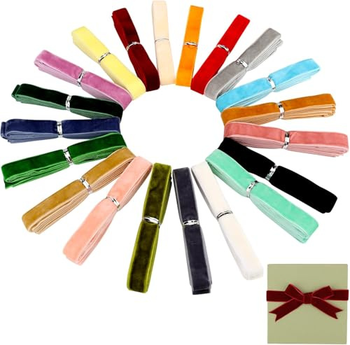 Manjonzic - Set di nastri in velluto vibrante da 15 mm, 40 metri (2 m x 20 colori), nastro in velluto su un solo lato, per alberi di Natale, confezioni regalo, mazzi di fiori, decorazioni per