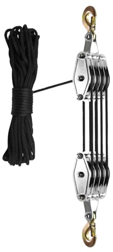 Tie Down Rope Pulley - Adjustable Suspension Hoist, 4-Wheel Hanging Kit for Lights or Tools | Durable Tension Lifter System, 65-Foot Utility lines Gear Setup for Garage, Greenhouse, or Workshop
