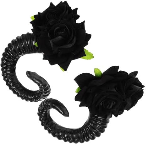 FRCOLOR Gothic Sheep Horn Hair Clips with Black Rose Decoration, Clip-on Cosplay Horns for Halloween and Costume Parties, Gothic Hair Accessories for Women