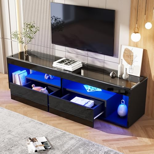 SUKY Mueble de TV LED de alto brillo negro, apto para televisores de hasta 70 pulgadas, armario de TV de salón negro con 2 cajones, mueble de TV, mesa de consola para sala de estar y dormitorio