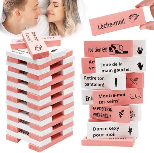 Umllpet Juego de apilamiento de bloques de madera para parejas, 48 piezas The Lust Tower Blocks, Naughty para adultos, Torre apilable Bloques de madera, juegos eróticos, juegos sexuales, juegos para