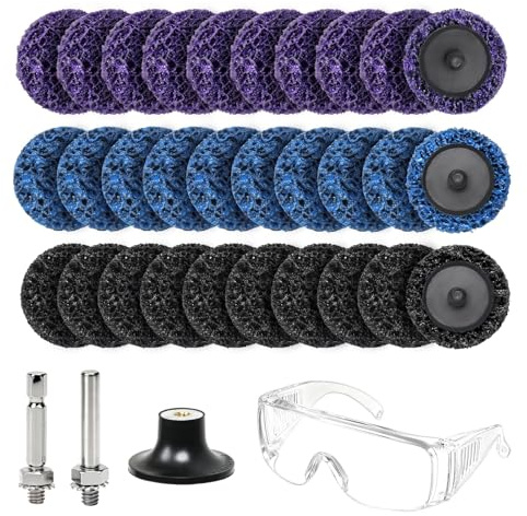 Fairblo 30 Pcs Grinding Discs 50mm Paint Stripping Disc 2 Inch Sanding Discs for Drill Rust Removal Grinding Wheel with Safety Glasses for Metal Steel Grinding Polishing Rust (Purple/Blue/Black)