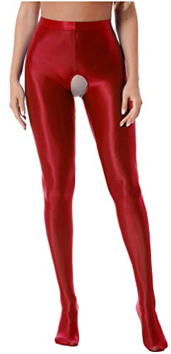 FEESHOW Donna Lucide Collant in Nylon con Cavallo Aperto Lucido Brillante Shiny Leggings Calze Intimo Seducente