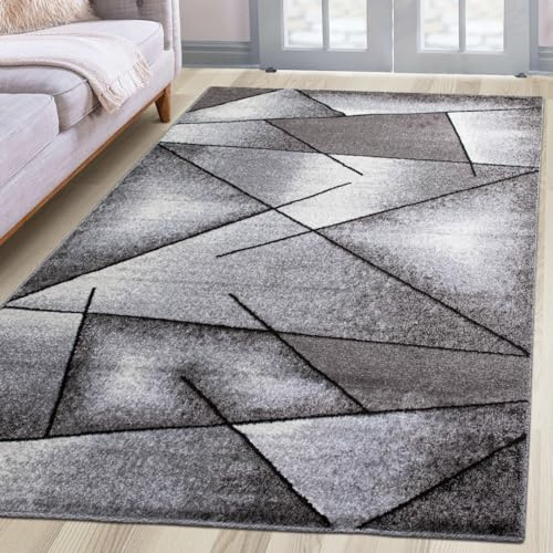 oKu-Tex Teppich Wohnzimmerteppich [240x340 cm] weicher Kurzflor grau meliert - Grauer Teppich für das Wohnzimmer - Carpet Living Room - Modernes geometrisches Design - Deutsche Marke