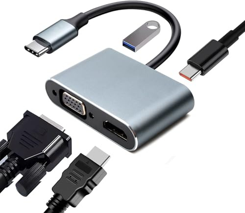 USB C to Hdmi VGA Adapter 4 in 1 Usb-C Multiport Hub with 1080P VGA 4K HDIM 100W PD 5Gbps USB 3.0 Compatible with Macbook Pro/Air Chromebook Pixel Dell HP Samsung Galaxy Huawei and More