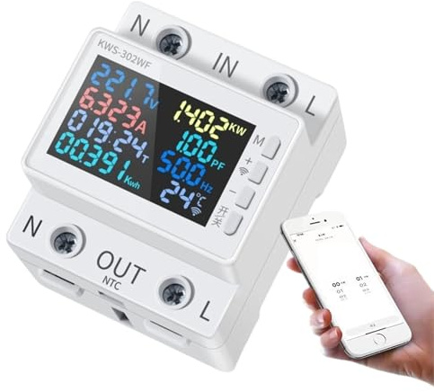 Stromzähler Hutschiene Wlan, 9 in 1 Wifi Smart Stromzähler Multifunktionaler Wechselstromzähler KWh Zähler mit Leckageschutz LCD Digitale Stromzähler mit Stromüberwachung, Fernbedienung