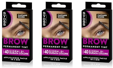 Syoss Brow Castano Scuro (10 ml), Tinta sopracciglia permanente, Tintura sopracciglia resistente ad acqua e sbavature, Colore intenso per sopracciglia, 10 applicazioni, Formula vegana, confezione da 3