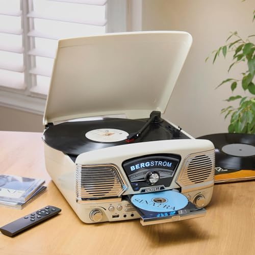 Coopers of Stortford - Knoxville Retro Music System with Bluetooth Connectivity - Vinyl Record Player with CD, Radio, and MP3 Recording Function (Cream)