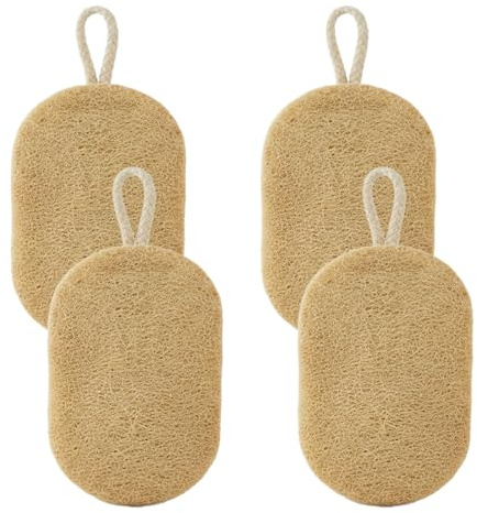 YUVKIN Set da 4 spugne naturali in luffa con portasapone quadrato/spugna per lavaggio, ideale per doccia/bagno/cucina/piano di lavoro (8 × 12 cm)
