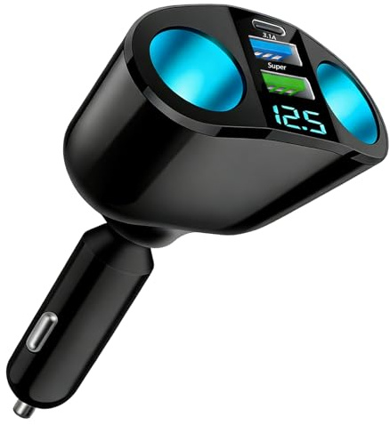 Adaptador de encendedor de cigarrillos de coche de 66 W, 12 V/24 V, doble USB-A y USB-C PD, cargador súper rápido, giratorio de 360°, divisor de cigarrillos de coche con voltímetro LED para teléfono