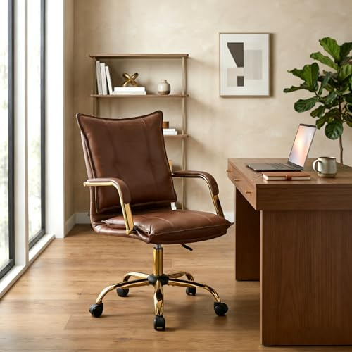 HULALA HOME Faux Leather Office Chair with Gold Legs and Armrests, Brown | Height Adjustable Desk Chair with Tufted Backrest, 360° Swivel, Foam Cushion, Upholstered Executive Chair for Home Office