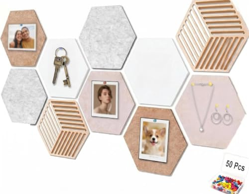 10 Pcs Hexagon Felt Bulletin Board Tiles, 12x10'' Large Self-Adhesive Cork Board Tiles with 50 Push Pins for Office Memos Photos Display Wall Decor Pin Boards