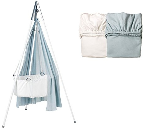 Wiegen-SET - Wiege mit Schleier misty blue, Stativ weiß und 2 Stück Spannbetttücher 1x misty blue/ 1x weiß