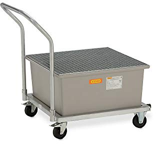 Fahrbare Auffangwanne aus GFK, mit verz. Gitterrost, Fahrgestell mit Rammschutz, 2 Lenk- und 2 Bock rollen, Auffangvol. 210 l, BxTxH 860x1090x1080 mm
