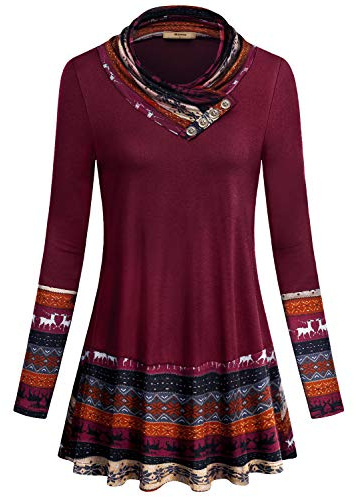 Miusey Cute Sweatshirt,Junior Cowl Neck Gorgeous Reindeer Patterned Christmas Sweater Burgundy Retro Knit Patchwork Long Sleeve Form Fitting Comfy Dressy Tunic Shirt Wine Red S