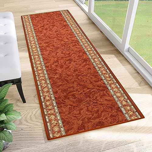 TAPISO Anti Rutsch Teppich Läufer rutschfest Brücke Meterware Orange Gelb Ornament Design Meliert Flur Küche Wohnzimmer 100 x 300 cm