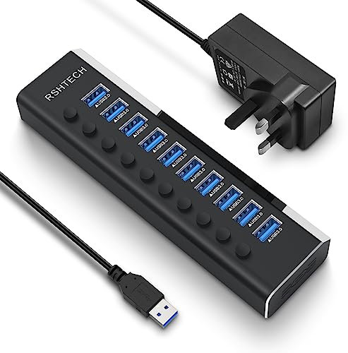 RSHTECH 10 Port Powered USB 3.0 Hub Aluminum USB 3.0 Data Hub Splitter with Individual On/Off Switches and 12V/3A Power Adapter (RSH-A10)