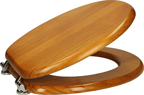 Affine® Toilet Seat Antique Pine Effect Solid Wood Round Wooden Bottom Fitting Fixings Traditional Bathroom Durable Hinges Easy Clean Seats Toilets