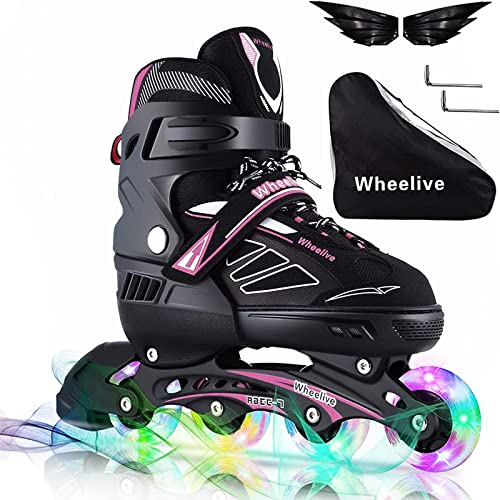 Wheelive Inliner Kinder Verstellbare Inline Skates mit Leuchtenden Rädern, Leistungsstarke Rollschuhe bis zu 4 Größen Verstellbar, Ideal für Jungen, Mädchen, Anfänger und Erwachsene,Schwarz Rosa,L
