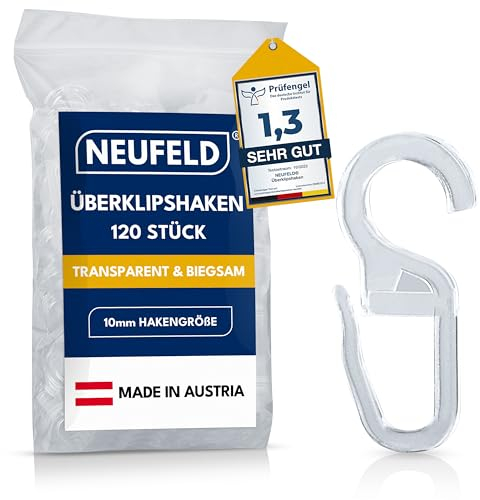 NEUFELD® 120 Überklipshaken mit 10mm Öse | Gardinenhaken für Ringe | Faltenlegehaken für Gardinenringe | Vorhanghaken | Vorhangclipser | Haken Vorhang