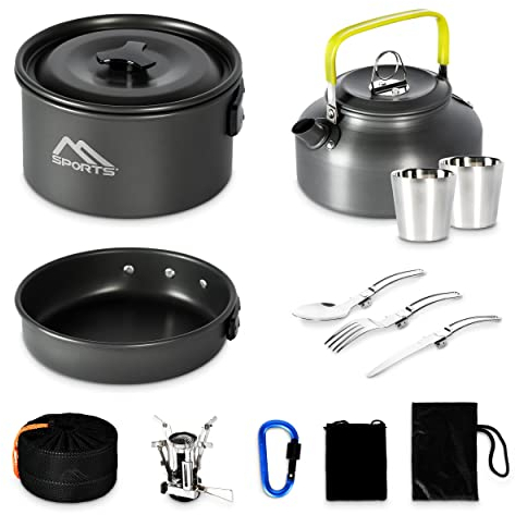 MSPORTS Camping Kochset Premium - Kochgeschirr Outdoor aus Aluminium um Geschirr Set Kochtopf Topf & Pfanne aus Aluminium und Edelstahl, für 2-5 Personen (2-3 Personen + Campingkocher)