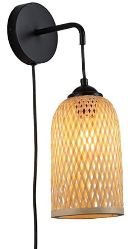 BARCELONA LED Applique Murale en Osier et Rotin “Frida” E27 avec Prise et Interrupteur 136cm, Abat-jour Tressé Style Naturel Japandi Île Vintage Industriel Lampe Restaurant Chambre Escalier